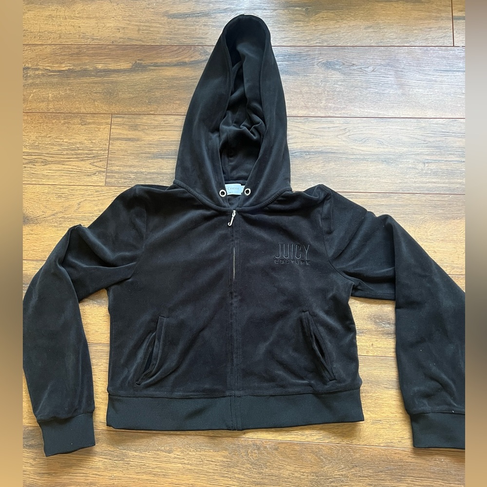 Juicy Couture Black Velour Cropped Tracksuit Jacket Hoodie Top Large L